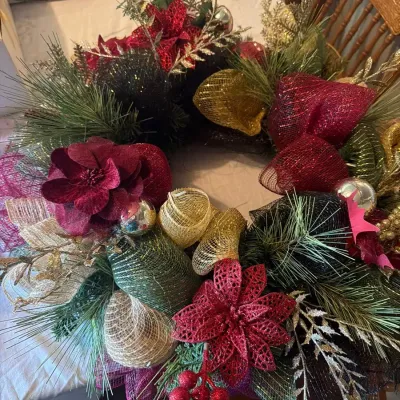 Large Designer Christmas Wreath with Poinsettias, Ribbon & Ornament Accents