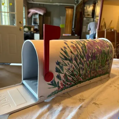 Hand-Painted Floral Mailbox with Red Flag – Garden & Cottage Decor