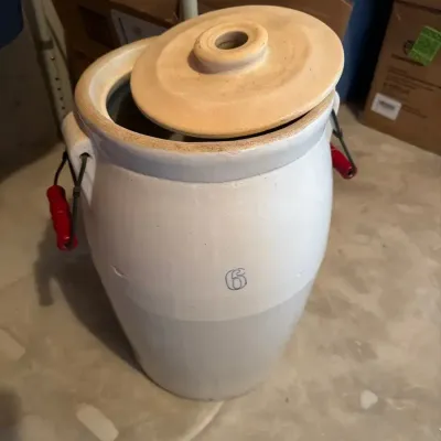 Vintage 6-Gallon Stoneware Crock with Lid & Bail Handles