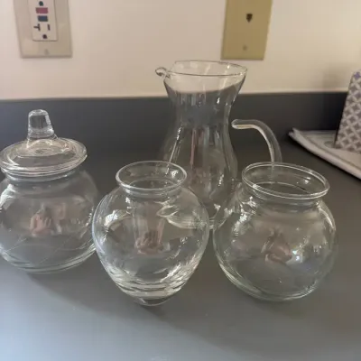 Clear Glass Pitcher, Covered Candy Dish & Decorative Bubble Vases