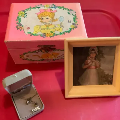 Vintage Keepsake Lot: Pink Jewelry Box, 14K Gold Filled Genuine Diamond Necklace & Framed Print