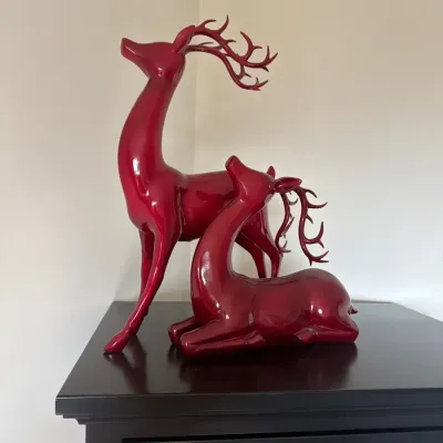 Pair of Metallic Red Deer Sculptures – Modern Decorative Accent Statues