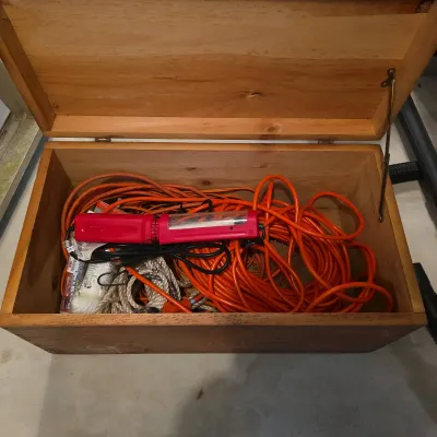 Wooden Utility Storage Chest with Extension Cords, Work Light & Rope Lot