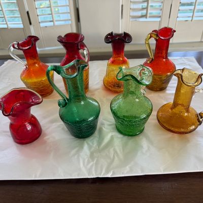 Vintage Hand Blown Crackle Glass, Mini Pitchers & Vases in Various Colors