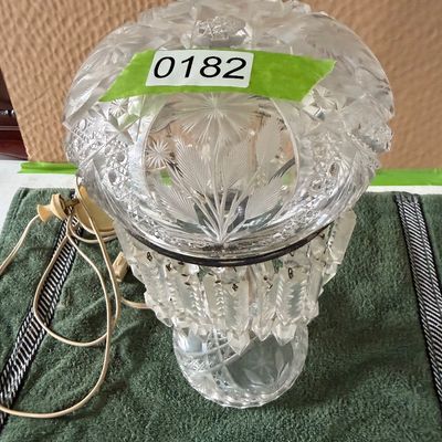 Antique American Billiant Period Cut Glass Mushroom Lamp- Faceted Crystal Dome Shade Adorned W/Cascading Hanging Prisms
