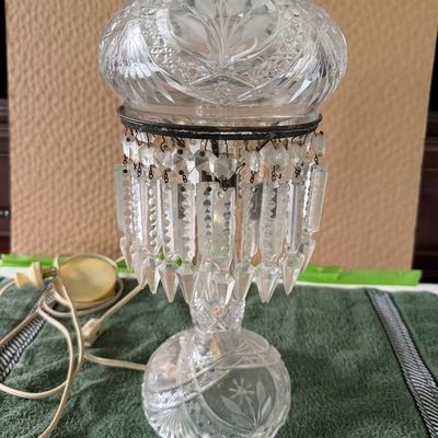 Antique American Billiant Period Cut Glass Mushroom Lamp- Faceted Crystal Dome Shade Adorned W/Cascading Hanging Prisms