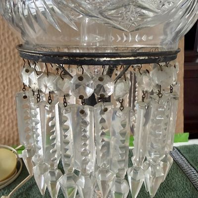 Antique American Billiant Period Cut Glass Mushroom Lamp- Faceted Crystal Dome Shade Adorned W/Cascading Hanging Prisms