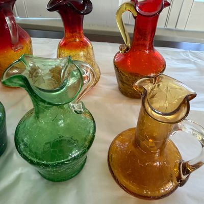 Vintage Hand Blown Crackle Glass, Mini Pitchers & Vases in Various Colors