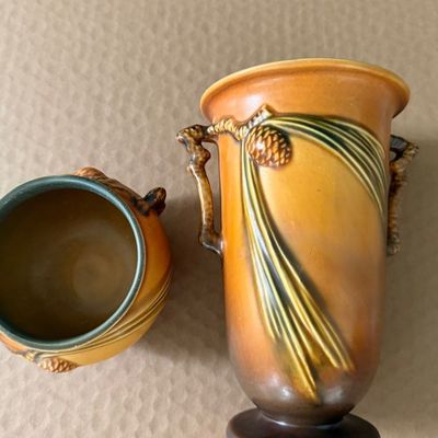TWO Tan Acorn Pattern Roseville Pottery Pieces 907-7 & 632-3