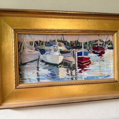 Oil Painting Harbor Scene with Moored Sailboats