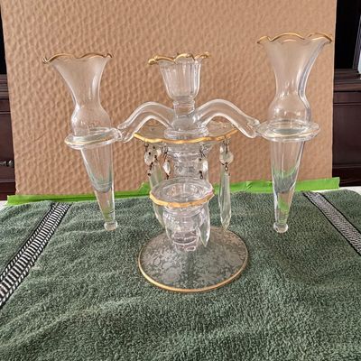 Vintage Cambridge Glass Co. Multi ~Piece Epergne & Candelabra Set in Clear Glass With Gold Trim