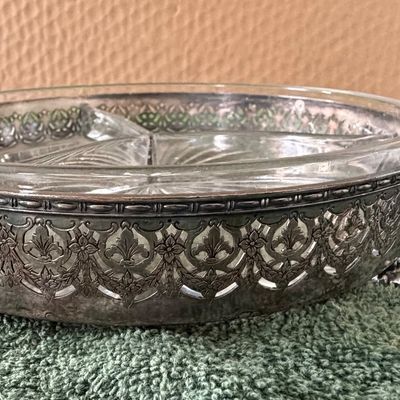 Vintage Divided Glass Serving Dish With a Silver-Plated Metal Holder