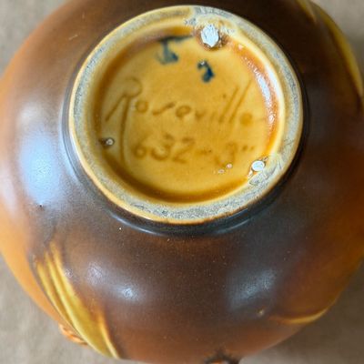 TWO Tan Acorn Pattern Roseville Pottery Pieces 907-7 & 632-3