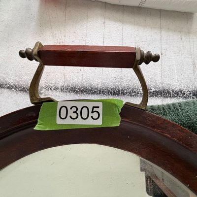 Antique Oval Wood Framed Mirror Tray with Brass Side Handles with Wooded Grips