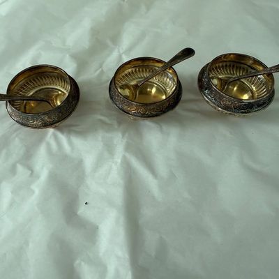 THREE - Vintage or Antique silver-Plated or melchior (cupronickel) salt cellar with a small matching spoon