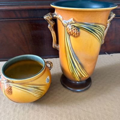 TWO Tan Acorn Pattern Roseville Pottery Pieces 907-7 & 632-3