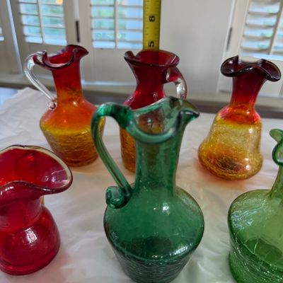 Vintage Hand Blown Crackle Glass, Mini Pitchers & Vases in Various Colors