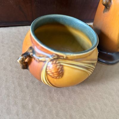 TWO Tan Acorn Pattern Roseville Pottery Pieces 907-7 & 632-3