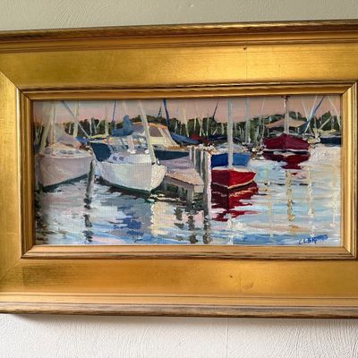 Oil Painting Harbor Scene with Moored Sailboats