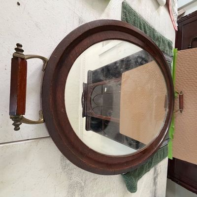 Antique Oval Wood Framed Mirror Tray with Brass Side Handles with Wooded Grips