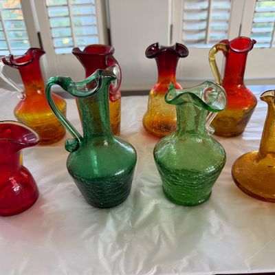 Vintage Hand Blown Crackle Glass, Mini Pitchers & Vases in Various Colors