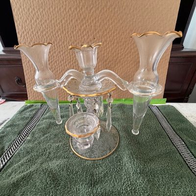 Vintage Cambridge Glass Co. Multi ~Piece Epergne & Candelabra Set in Clear Glass With Gold Trim