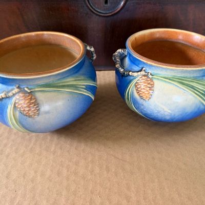 PAIR Roseville Blue Pine Cone Pattern Jardineres