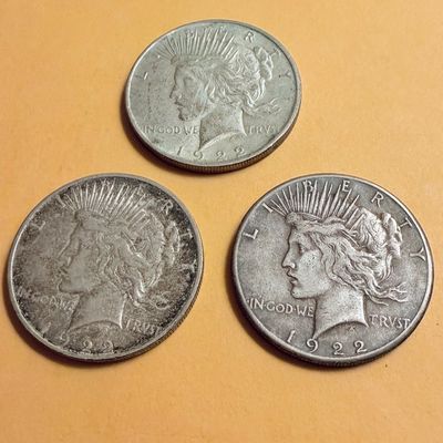 THREE 1922 Silver Peace Dollars 1922-S 1922 1922