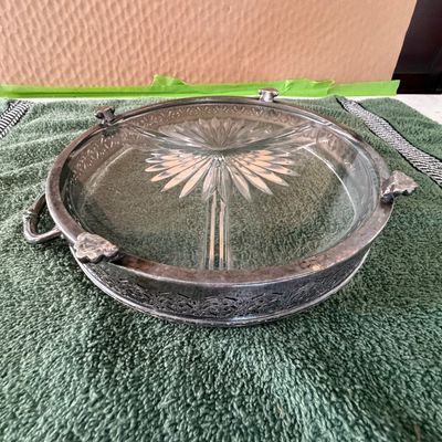 Vintage Divided Glass Serving Dish With a Silver-Plated Metal Holder