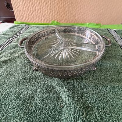 Vintage Divided Glass Serving Dish With a Silver-Plated Metal Holder