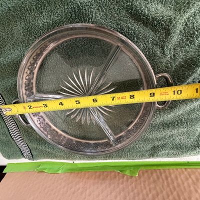 Vintage Divided Glass Serving Dish With a Silver-Plated Metal Holder