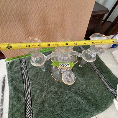 Vintage Cambridge Glass Co. Multi ~Piece Epergne & Candelabra Set in Clear Glass With Gold Trim