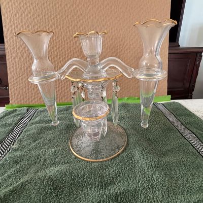 Vintage Cambridge Glass Co. Multi ~Piece Epergne & Candelabra Set in Clear Glass With Gold Trim