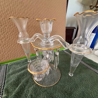 Vintage Cambridge Glass Co. Multi ~Piece Epergne & Candelabra Set in Clear Glass With Gold Trim