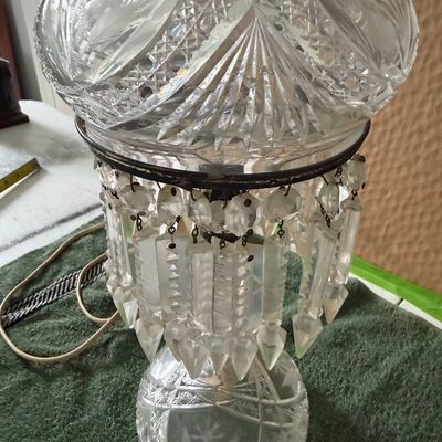 Antique American Billiant Period Cut Glass Mushroom Lamp- Faceted Crystal Dome Shade Adorned W/Cascading Hanging Prisms