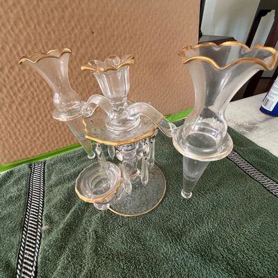 Vintage Cambridge Glass Co. Multi ~Piece Epergne & Candelabra Set in Clear Glass With Gold Trim