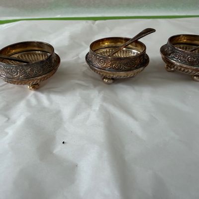 THREE - Vintage or Antique silver-Plated or melchior (cupronickel) salt cellar with a small matching spoon