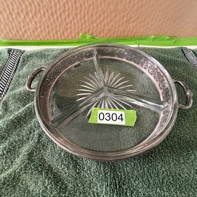 Vintage Divided Glass Serving Dish With a Silver-Plated Metal Holder