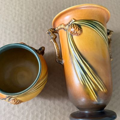 TWO Tan Acorn Pattern Roseville Pottery Pieces 907-7 & 632-3