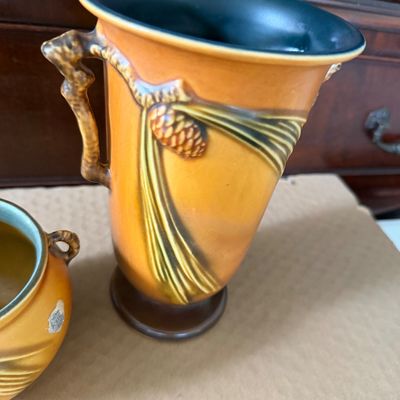 TWO Tan Acorn Pattern Roseville Pottery Pieces 907-7 & 632-3