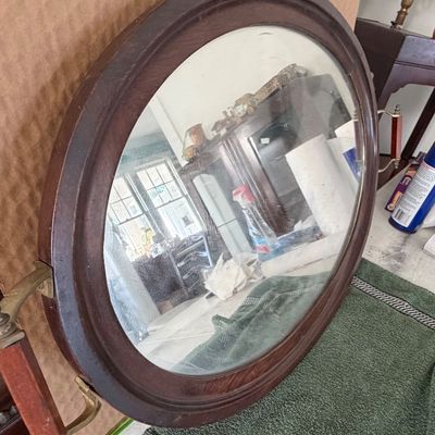 Antique Oval Wood Framed Mirror Tray with Brass Side Handles with Wooded Grips