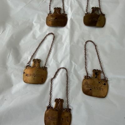Vintage 5 Metal Decanter Labels / Bottle Tages