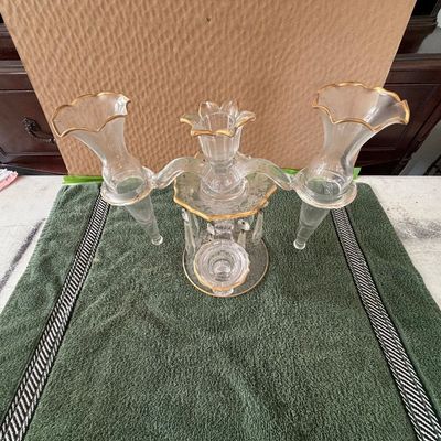 Vintage Cambridge Glass Co. Multi ~Piece Epergne & Candelabra Set in Clear Glass With Gold Trim