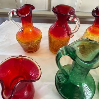 Vintage Hand Blown Crackle Glass, Mini Pitchers & Vases in Various Colors