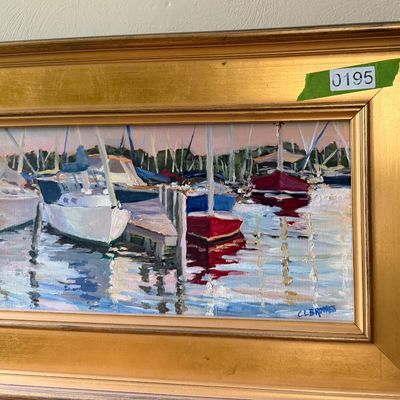 Oil Painting Harbor Scene with Moored Sailboats