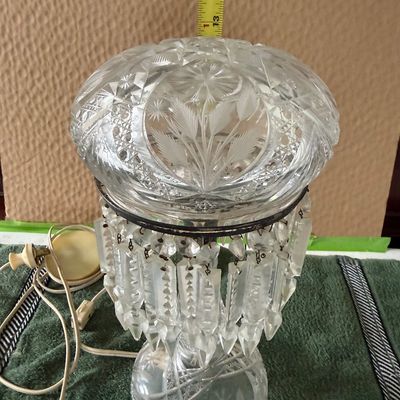 Antique American Billiant Period Cut Glass Mushroom Lamp- Faceted Crystal Dome Shade Adorned W/Cascading Hanging Prisms