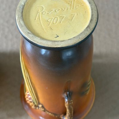 TWO Tan Acorn Pattern Roseville Pottery Pieces 907-7 & 632-3