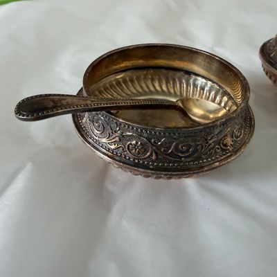 THREE - Vintage or Antique silver-Plated or melchior (cupronickel) salt cellar with a small matching spoon