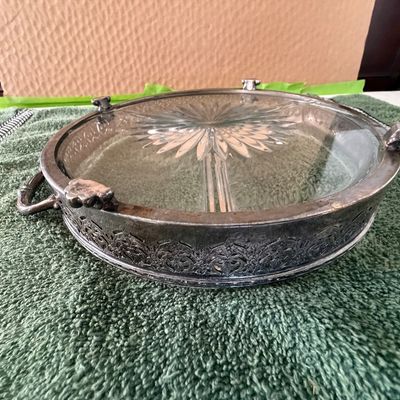 Vintage Divided Glass Serving Dish With a Silver-Plated Metal Holder
