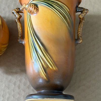 TWO Tan Acorn Pattern Roseville Pottery Pieces 907-7 & 632-3